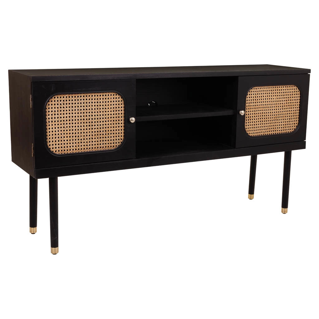 Credenza in legno e rete di bambù con due ante nere 152,5x38x81h