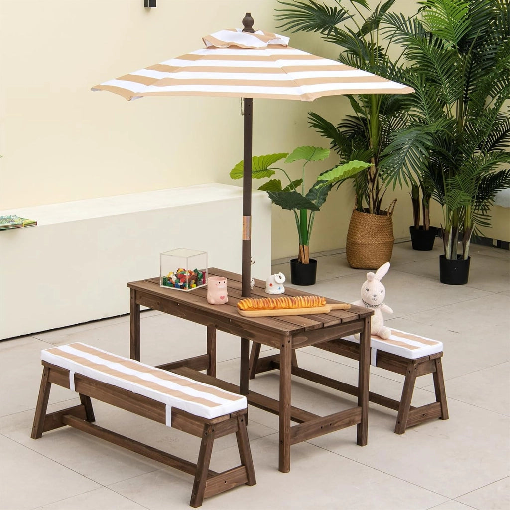 Set di Tavolo Picnic per Bambini con Ombrellone Regolabile, Panche per Bambini in Legno di Abete con Parasole e Cuscini Morbidi, Tavolo e Panchine Pranzo da Giardino e Parco (Marrone)