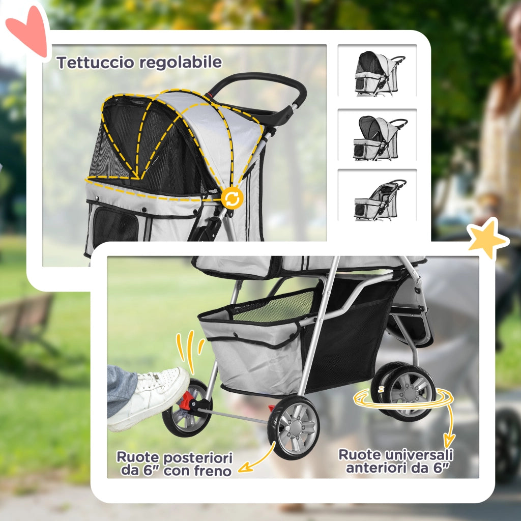 Passeggino per Cani Pieghevole ¨C Xylo ¨C Grigio con Freni, Portabicchieri e Cestino