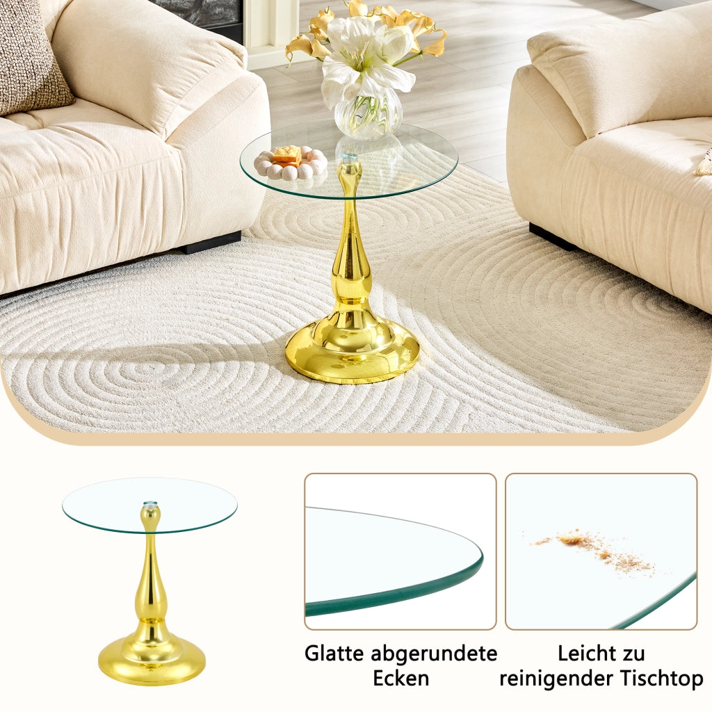 Tavolino basso rotondo in vetro temperato con base in metallo dal design moderno per soggiorno e camera da letto oro