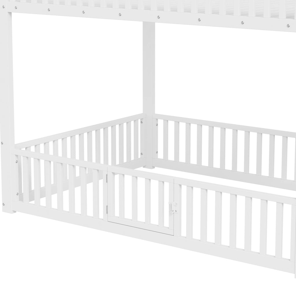 Letto a castello basso 140x200 cm con scala contenitore e LED in metallo e MDF bianco