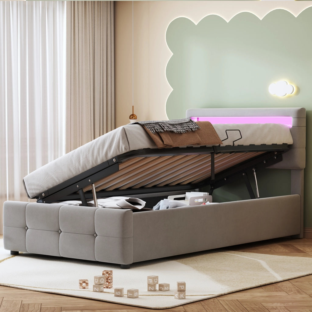 OKWISH Letto contenitore per bambini 90×200 cm, Letto Singolo con LED, Contenitore idraulico e Testiera Regolabile, senza Materasso, Grigio