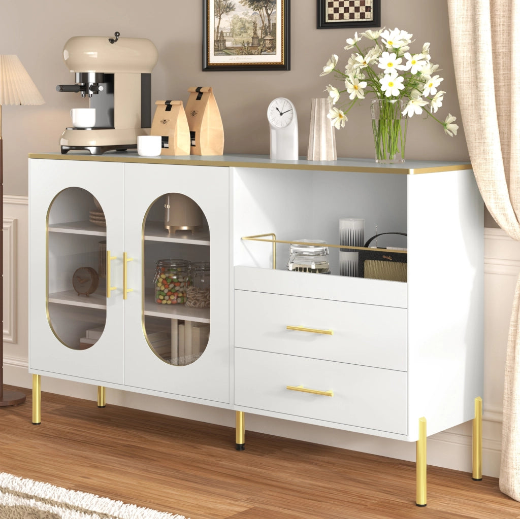 Credenza bianca 140 cm con 2 cassetti e ante in vetro