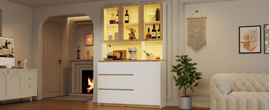Vetrina alta con LED, 1 anta, 3 cassetti e vani aperti, per soggiorno e cucina, in MDF, bianco e rovere, 120 × 200 cm
