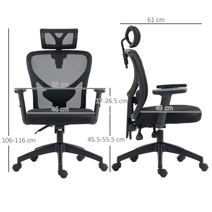 Sedia da Ufficio Ergonomica con Altezza Regolabile Supporto Lombare e Poggiatesta 66x61x106-116 cm  Nero