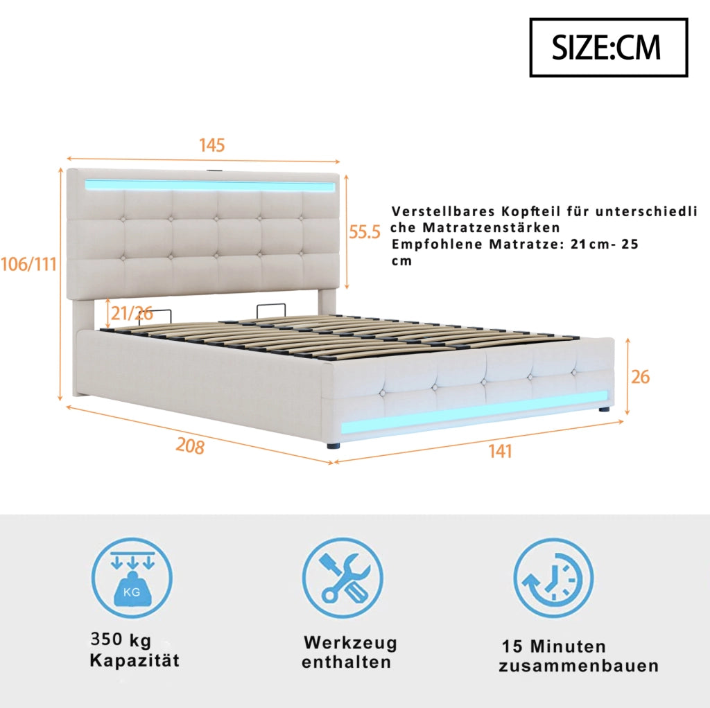 Letto matrimoniale 140x200 cm imbottito con LED, 2 porte USB e contenitore beige