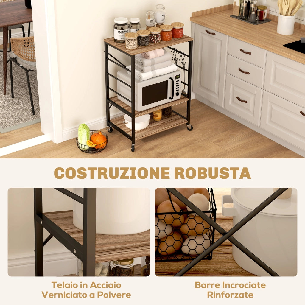 Scaffale Industriale con Ruote e Ganci ¨C Zephmum ¨C Acciaio, Teak, 60x40x84 cm