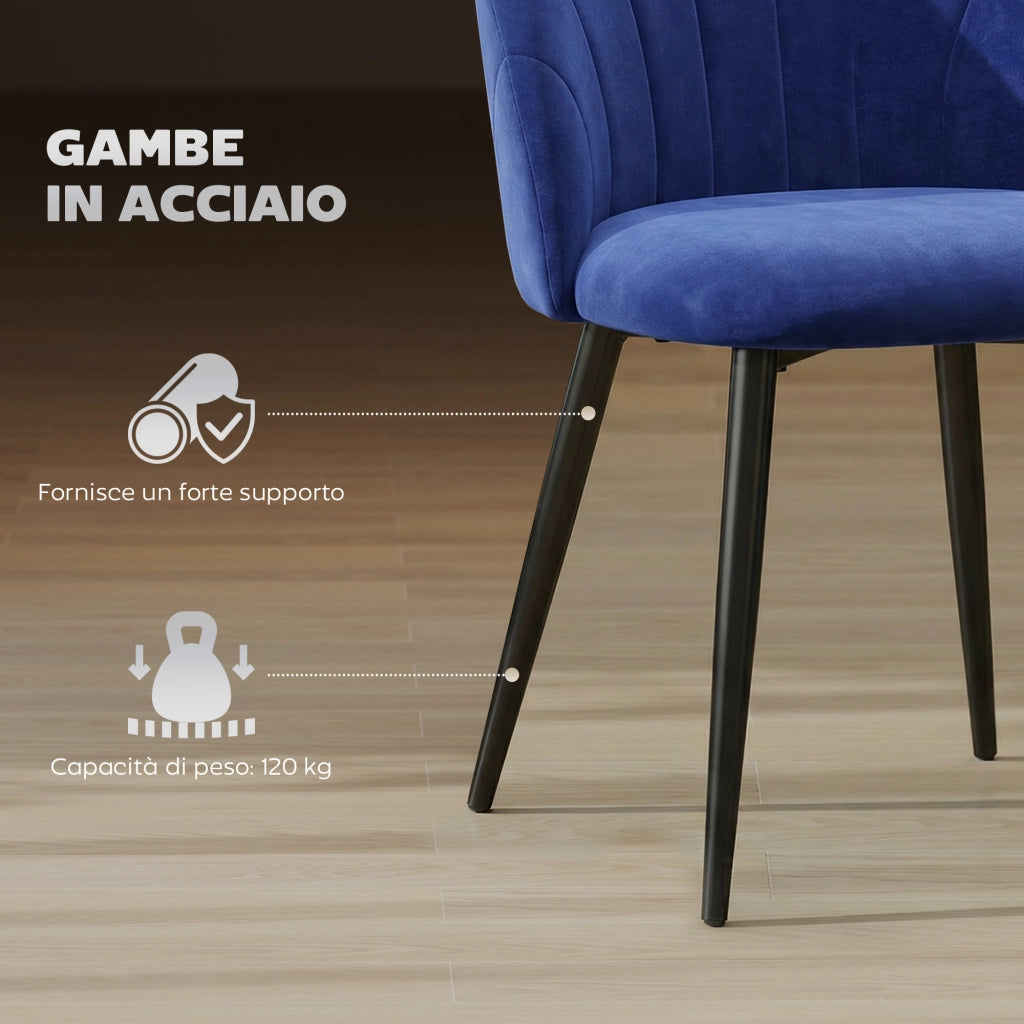 Set 2 Sedie da Pranzo 52x55x79 cm Imbottite con Schienale a Conchiglia in Velluto Blu