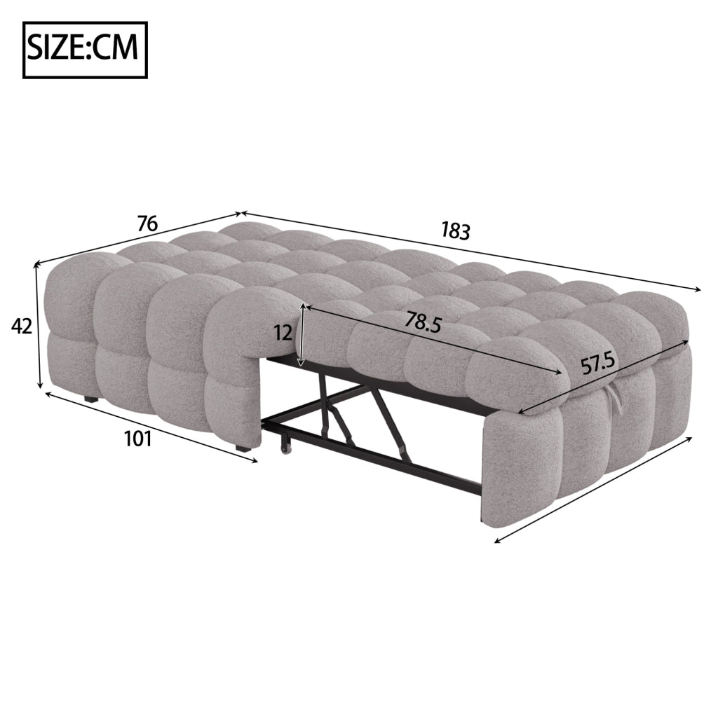Pouf letto 2 in 1 trasformabile in divano letto; 183x76x72 cm; in teddy grigio