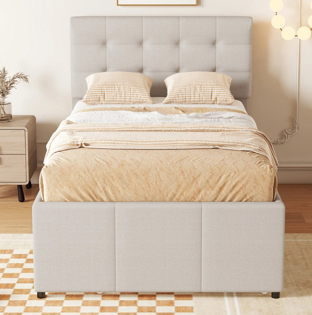 Letto singolo 90x200 cm; estraibile; 3 cassetti; testiera regolabile; lino; beige (Senza materasso)