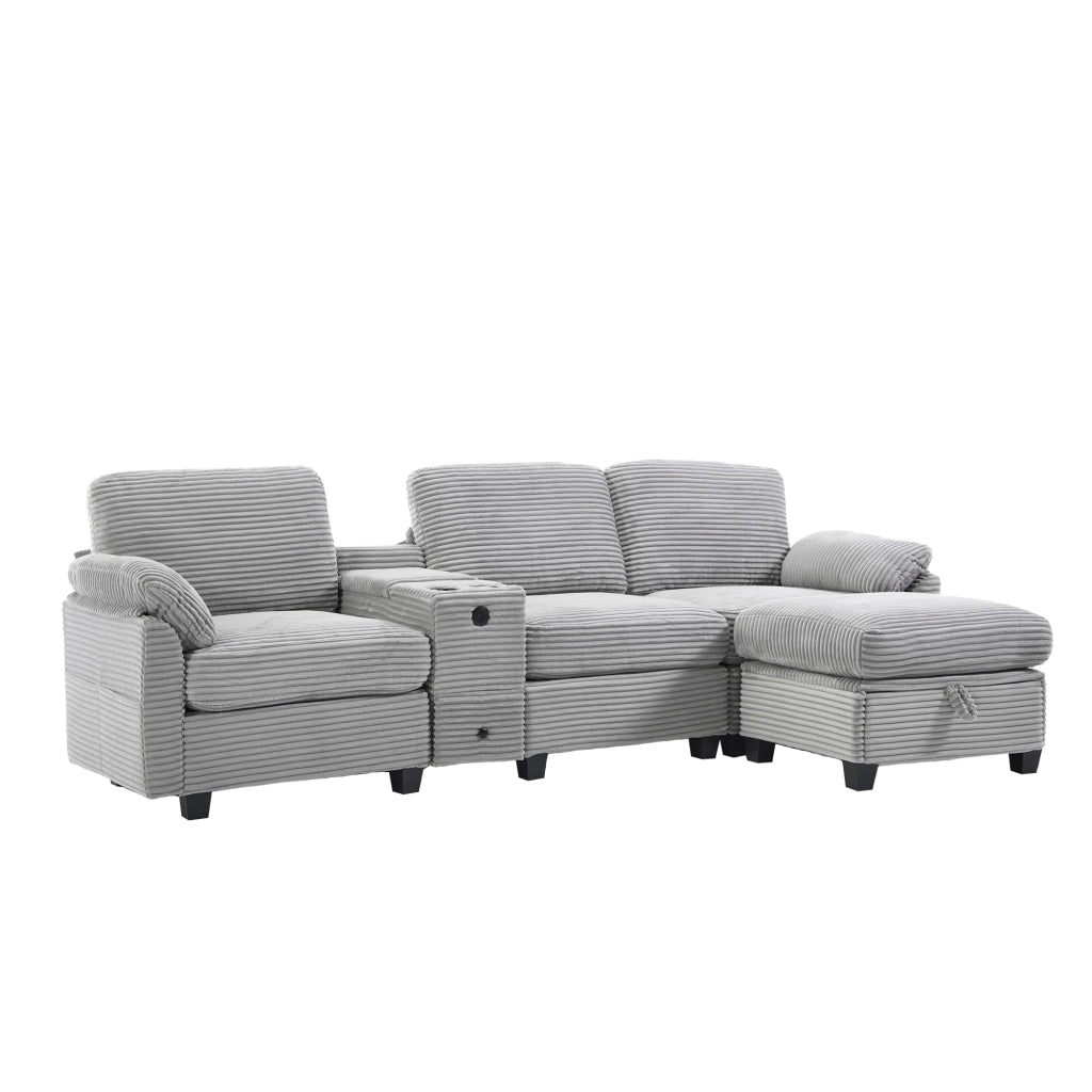 Divano ad angolo in cord con console scorrevole, porta USB-C, tasche laterali e pouf contenitore grigio chiaro