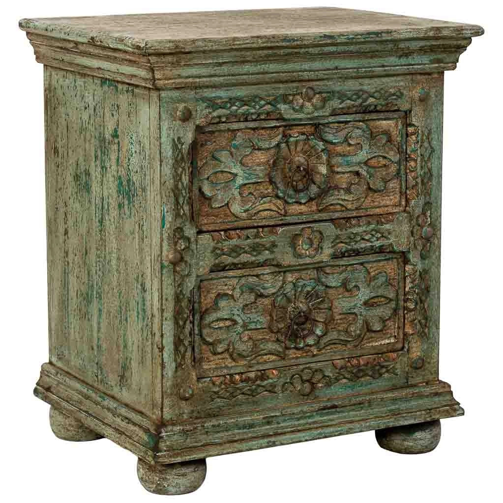 Comodino in legno artigianale, blu, con 2 cassetti, 50x40x60h cm