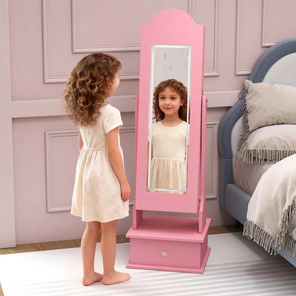 Armadietto gioielli bambini luci specchio figura intera 2 angoli inclinabili-Organizzatore armadio principessa camera sala giochi Rosa