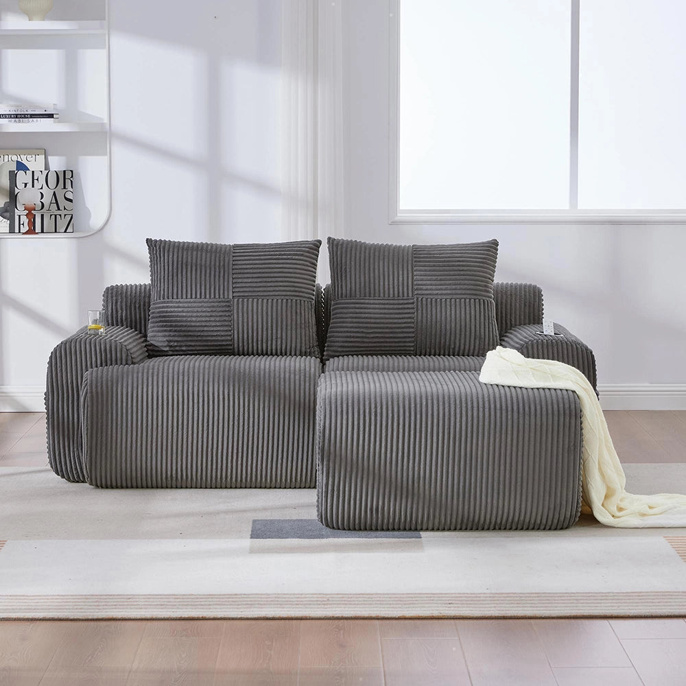 Canap¨¦ modulable in velluto costato per 2 persone - Xylo - Con pouf, porta-bevande e tascone laterale