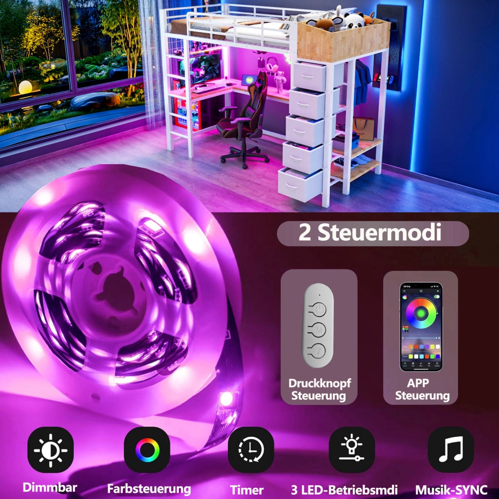 Letto a soppalco 90 × 200 cm con scrivania gaming, USB e Type-C, LED, 5 cassetti, senza materasso, bianco
