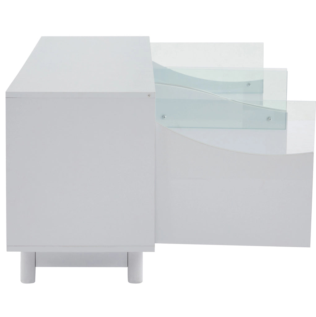 Mobile TV curvo 175x38x51 cm in MDF bianco lucido con LED e vetro temperato