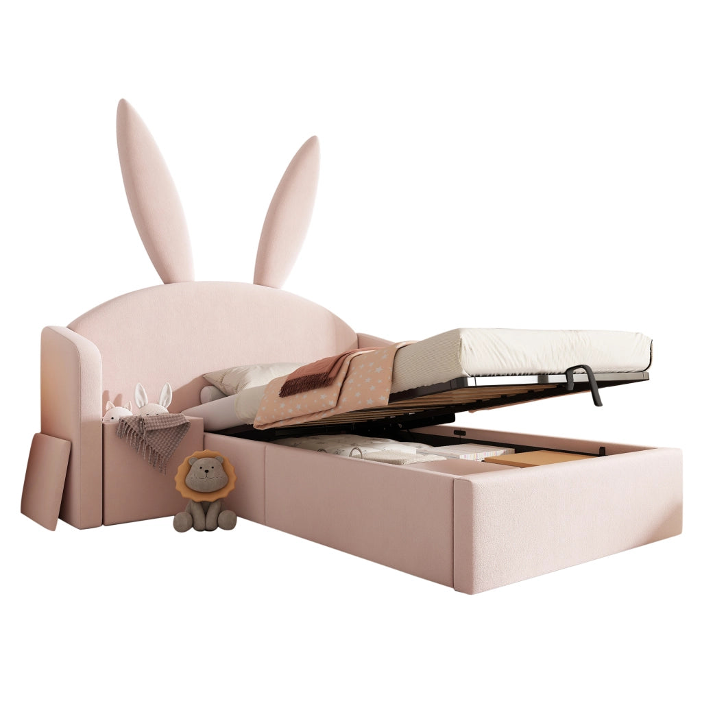 Letto imbottito 90x200 cm con comodino e contenitore in velluto rosa