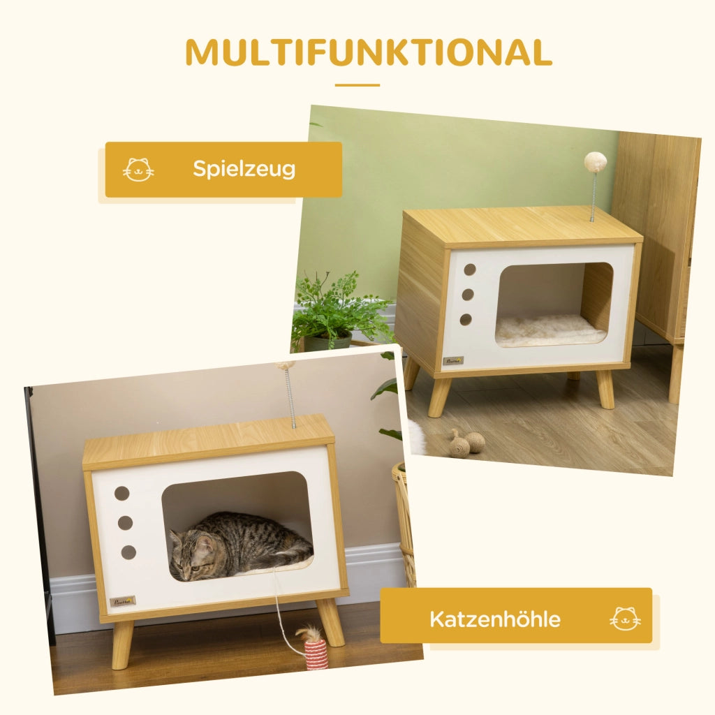 Cuccia per gatti a forma di televisore, con palla giocattolo e cuscino inclusi, cestino per gatti, rovere/beige/bianco, 50x28x43 cm