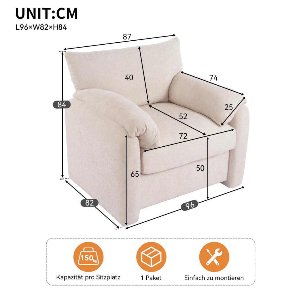 Poltrona 96x82x84 cm con seduta imbottita in chenille beige