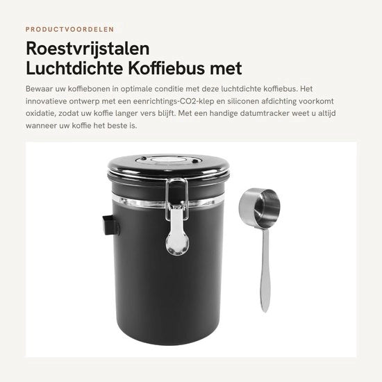 Contenitore di caffè a prova d'aria 1800ML - Acciaio inossidabile - Vetrino trasparente - Contatore di data - Valvola CO2 - Materiale sicuro - Contenitore di caffè