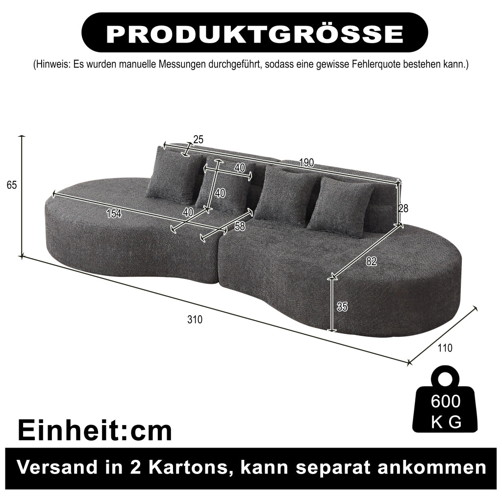 Divano modulare in ciniglia con schienale a strati e design arrotondato, componibile in due pezzi per interni moderni grigio