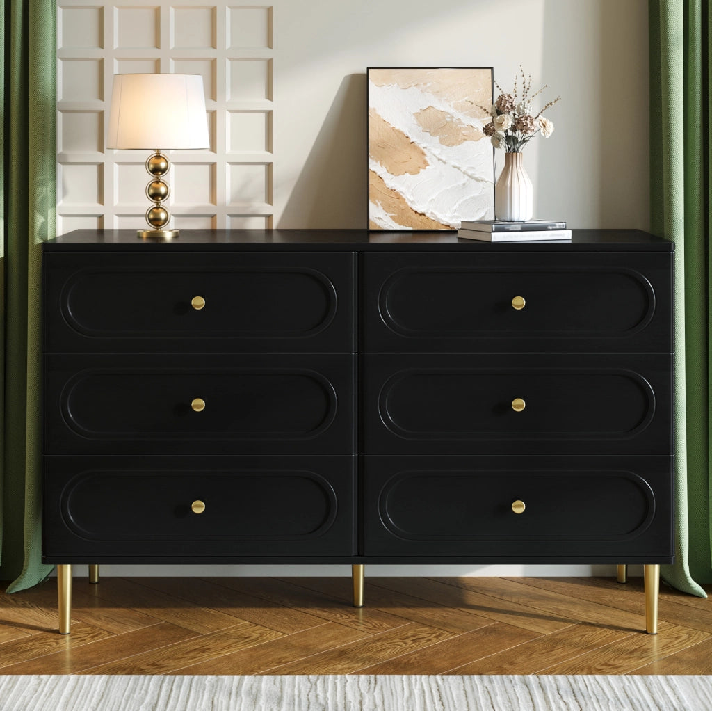 Credenza nera con 6 cassetti e gambe in metallo 120 cm
