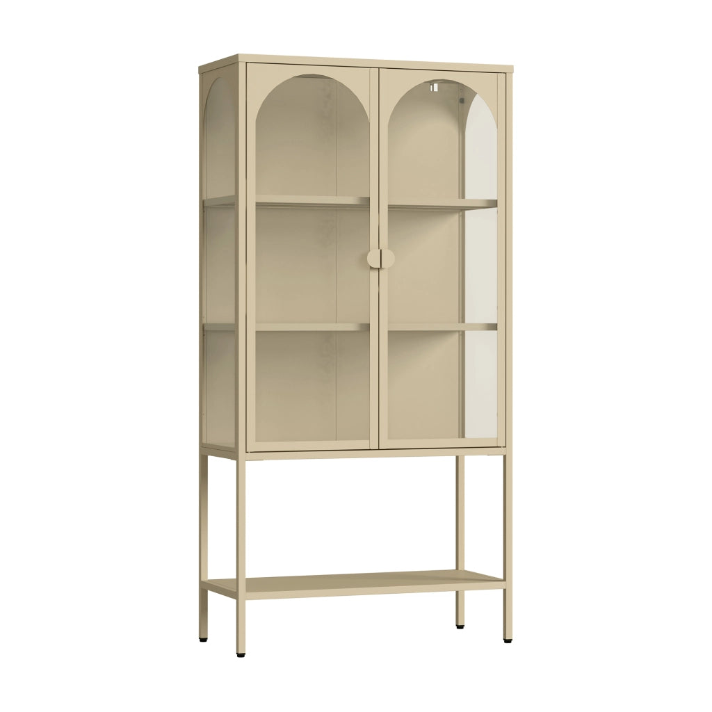 Vetrina Klippestad Credenza Alta a 2 Ante in Vetro e Ripiano Aperto 160 x 80 x 35 cm - Color Cammello [en.casa]