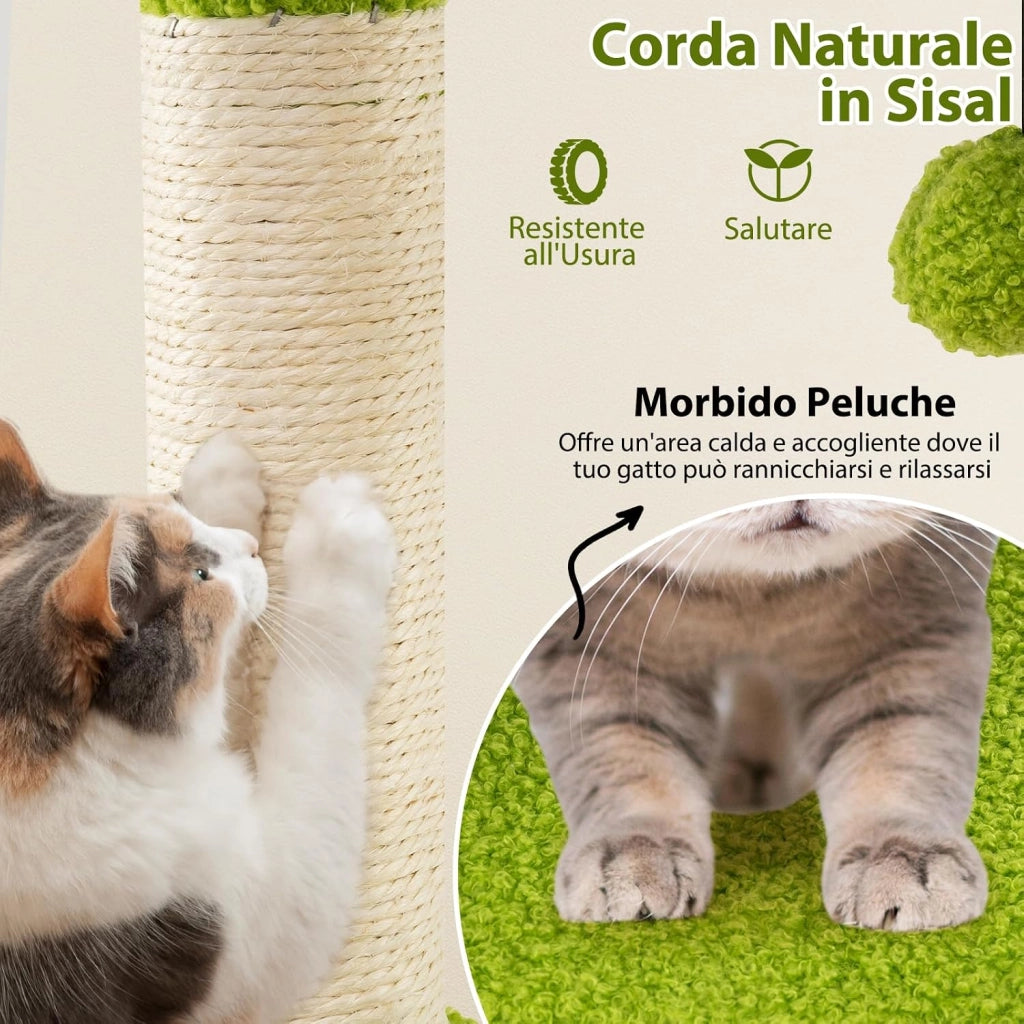 Albero per Gatti, Tiragraffi per Gattini a Tema Foresta con Foglie Artificiali, Condominio, Postazione Imbottita, Pali per Graffiare in Sisal e Pompom, Albero Tiragraffi per Gatti da Interno