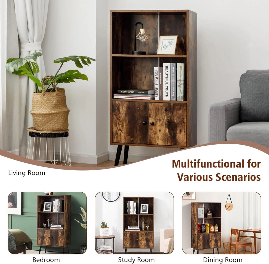 Libreria con 2 Ante a 3 Livelli, Scaffale per Libri, Credenza da Terra, Gambe Alte in Legno di Pino, Stile Vintage, Ideale per Soggiorno, Studio, Portata Massima 50 kg, 60x30x120 cm