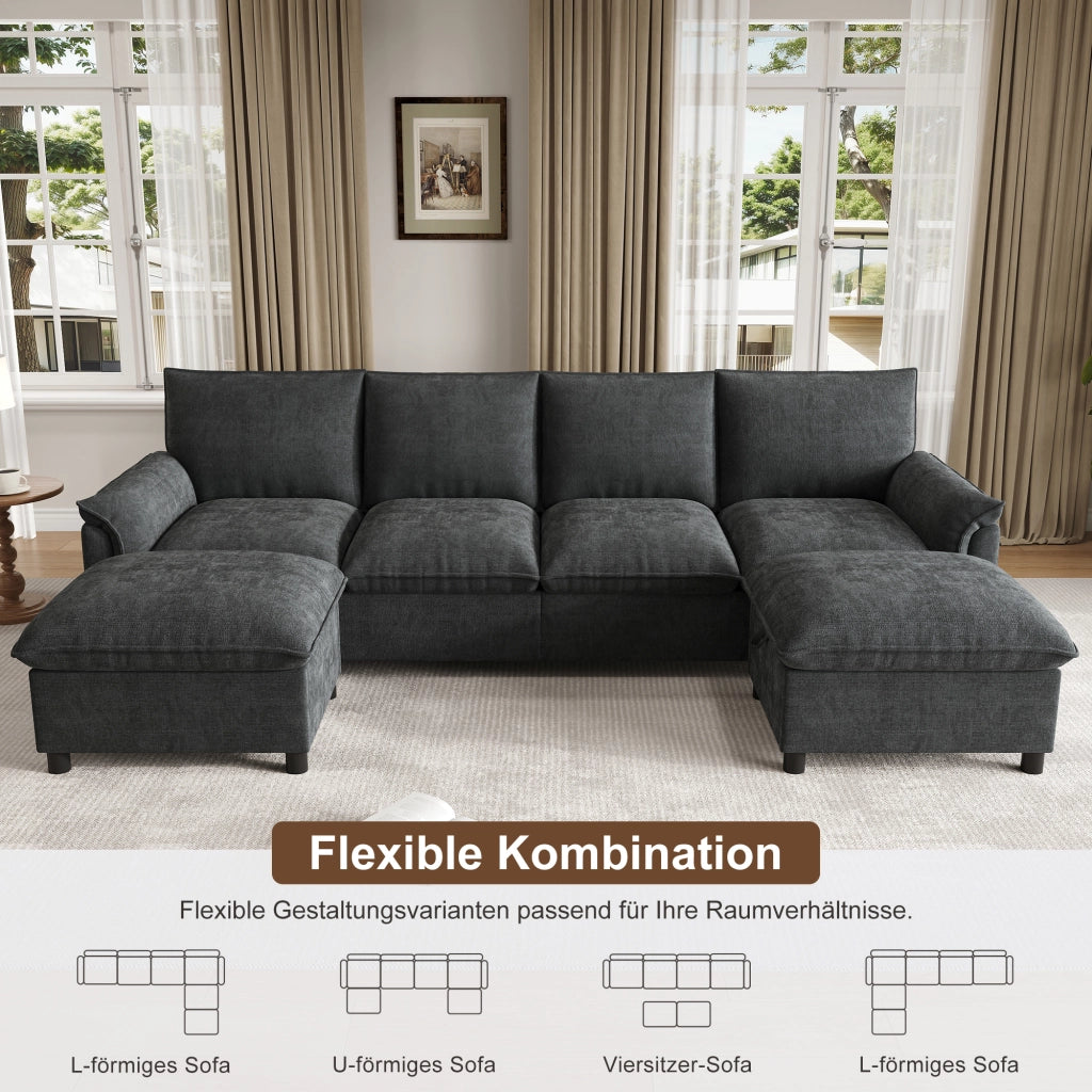 DIVANO modulare a U 264,5x142,5x84 cm in ciniglia nera con 2 pouf