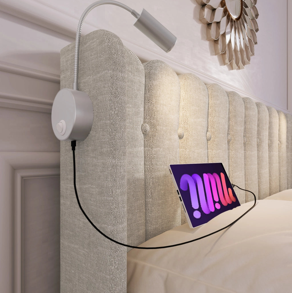 Letto contenitore 160x200 cm beige con USB e luce LED