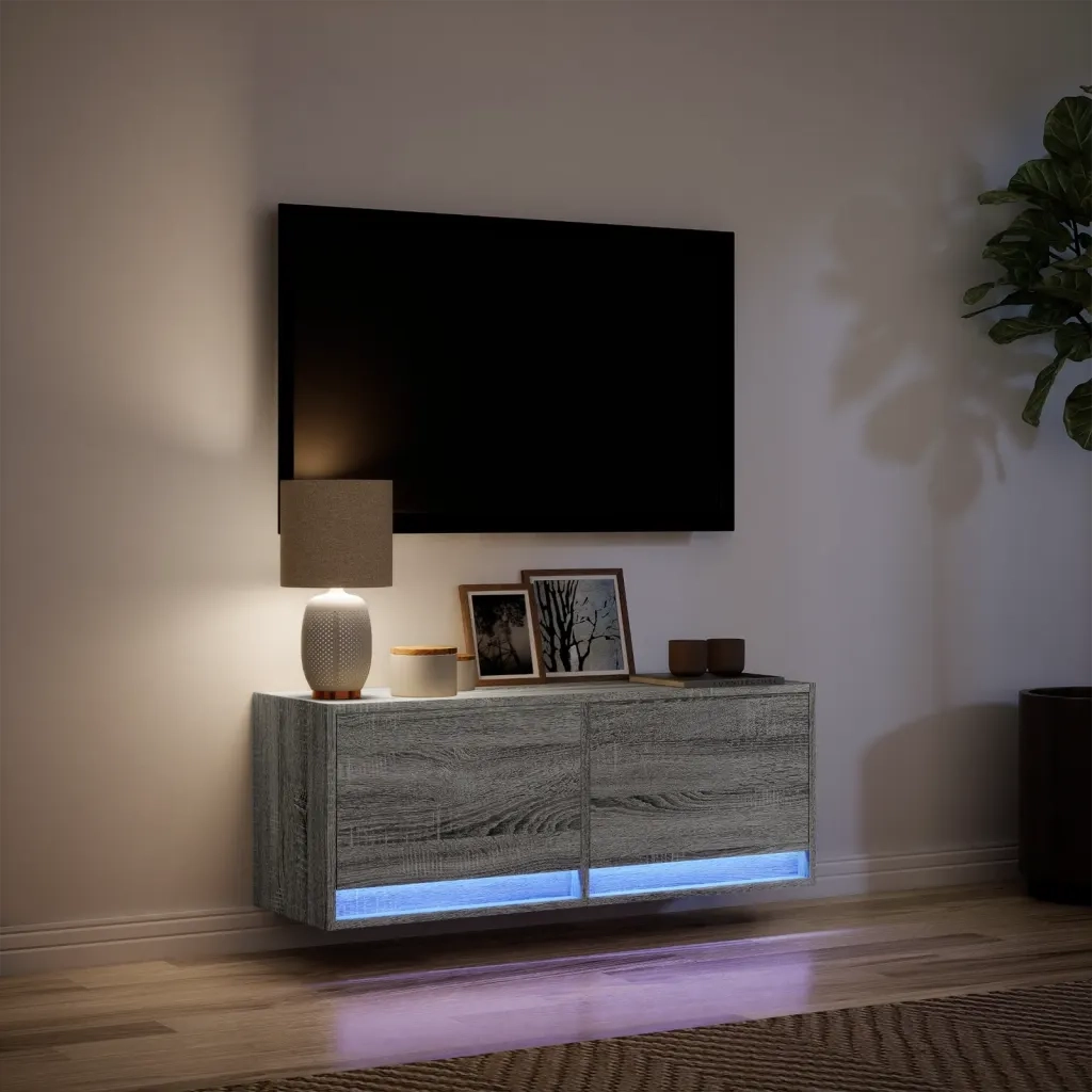 Mobile TV a Parete con Luci LED Grigio Sonoma 100x31x35 cm