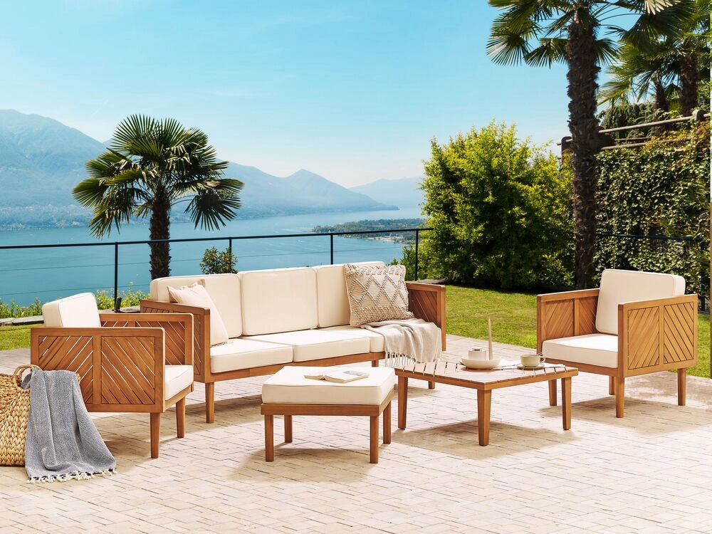 Set divani da giardino in legno di acacia cuscini beige chiaro 6 posti salotto da esterno design moderno