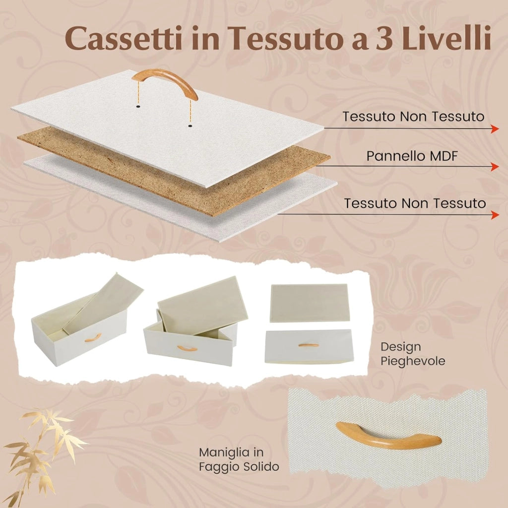 Cassettiera a 5 Cassetti, Torretta Contenitore in Bambù con 5 Cassetti Pieghevoli in Tessuto e Ripiano Superiore, Cassettiera Verticale Alta per Camera da Letto, Soggiorno, Naturale