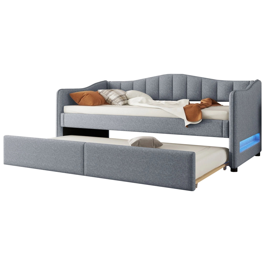 OKWISH Letto a Divano 90×200 cm, Letto Singolo con Letto Estraibile, LED Regolabile, senza Materasso, in Lino e MDF, Grigio