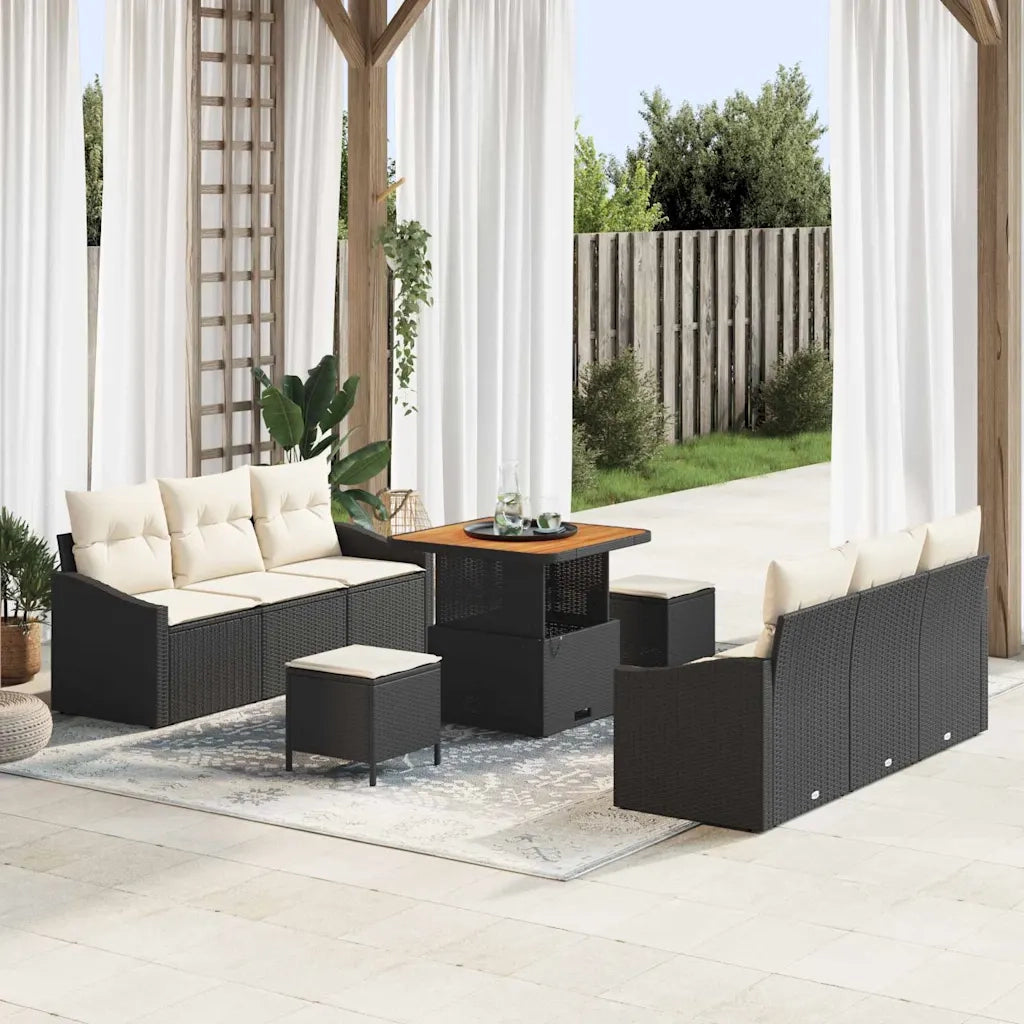 Set Divano da Giardino con cuscino 9 pcs Nero e Crema