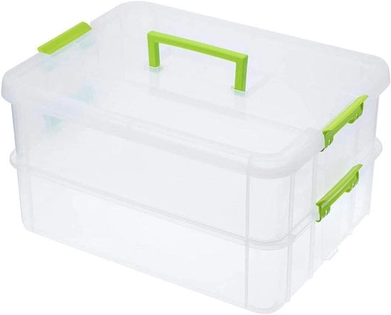 Scatola di archiviazione a due livelli con maniglia e porta con chiusura, in verde - Ideale per arte, artigianato, giocattoli e accessori per la sartoria