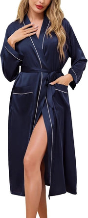 Kimono da camera per donna, lunga, con V dietro, blu marino, XXL