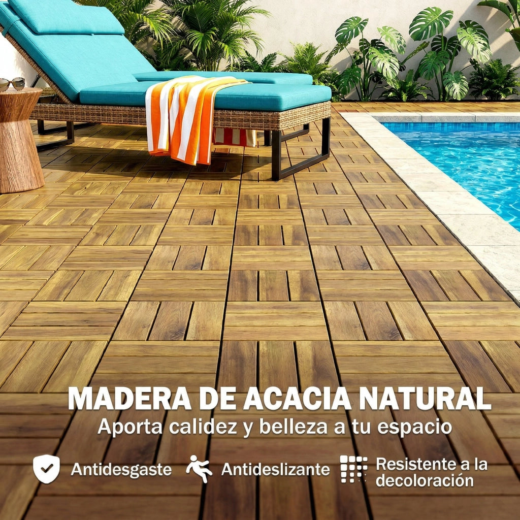 Set 10 Pezzi Piastrelle Legno Giardino Esterno 31x31 cm ¨C zephmum ¨C Antiscivolo Naturale