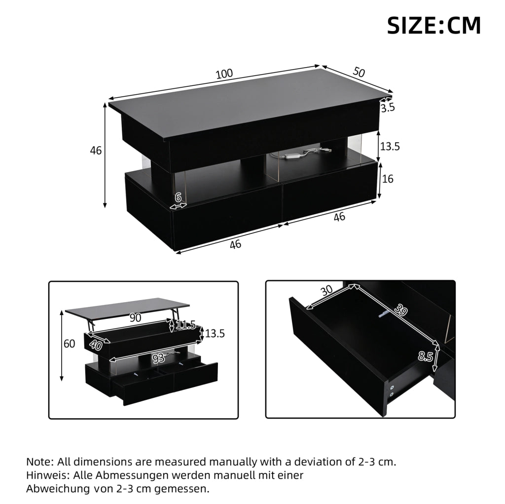 Tavolino da caffè elevabile 100 x 50 x 46 cm nero in MDF con LED e 2 cassetti