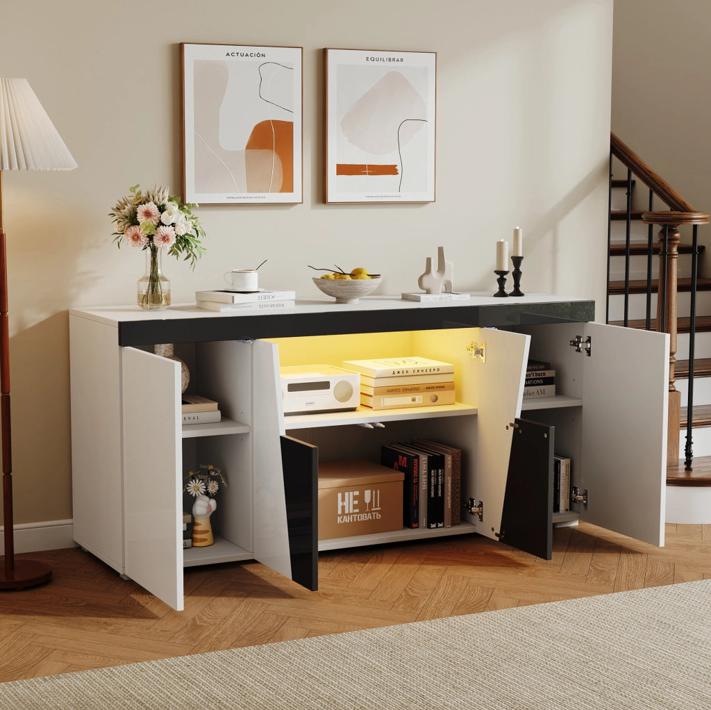 Sideboard 140x40x65 cm con 4 ante; LED e finitura lucida; bianco e nero