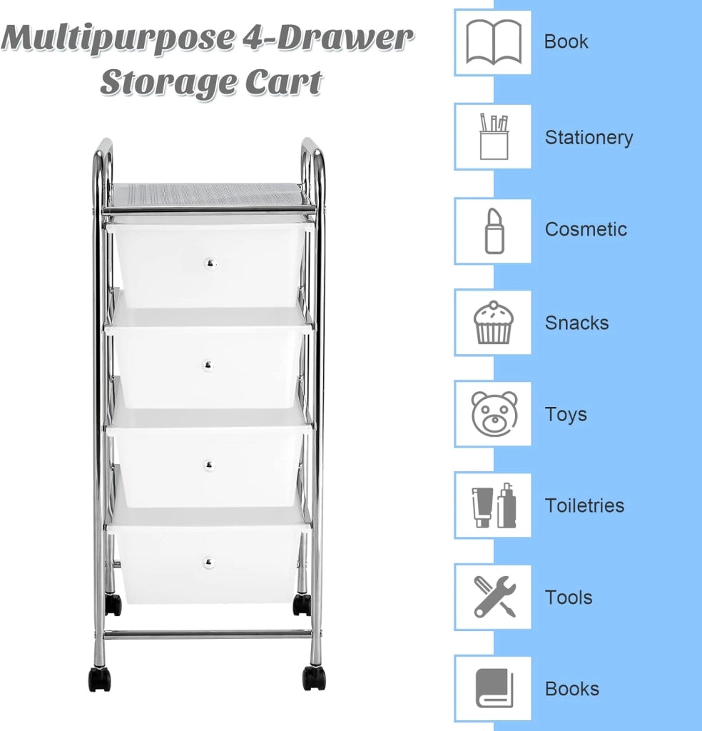 Carrello portaoggetti a 4 cassetti removibili in plastica, tornio portaoggetti con ruote in metallo con struttura a rotelle, organizer per ufficio, camera da letto, bagno (trasparente)
