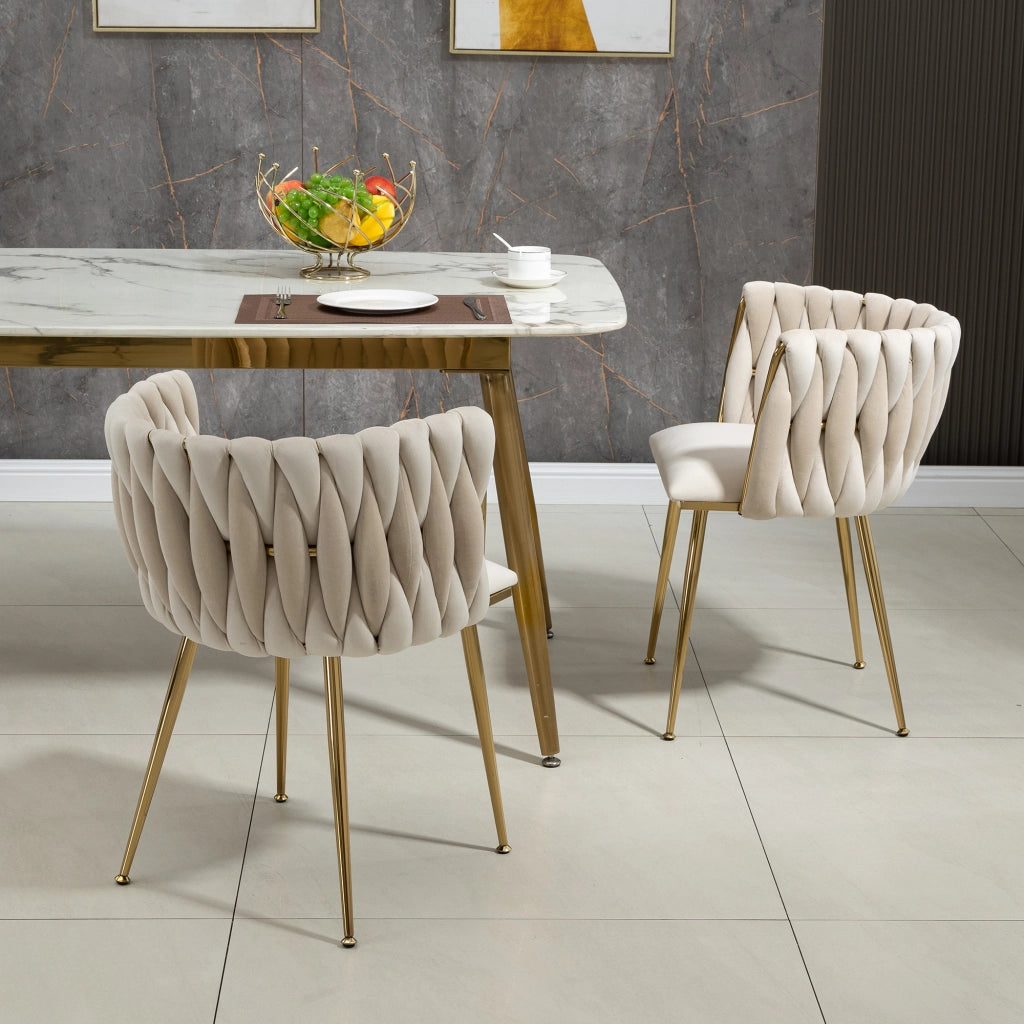 Sedia da pranzo in velluto con schienale intrecciato struttura stabile piedini antiscivolo design arrotondato avorio