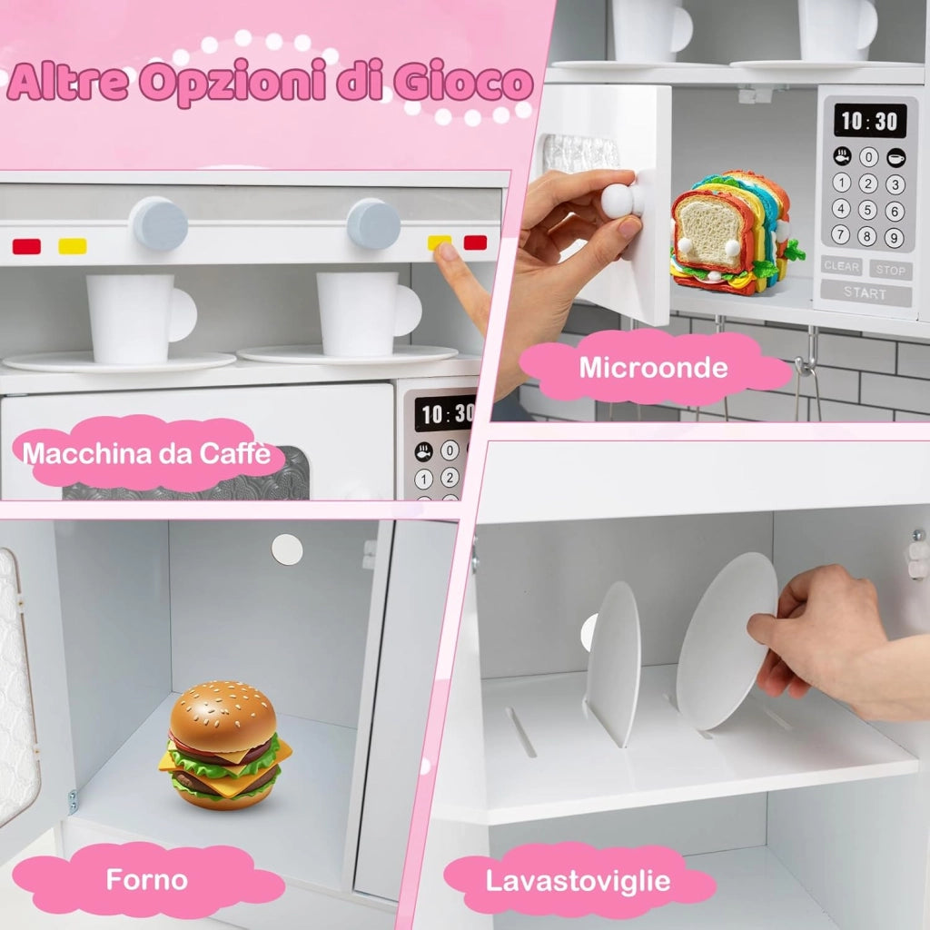 Cucina Giocattolo per Bambini, Set da Cucina in Legno con Luci e Suoni, Macchina del Ghiaccio, Cappa, Fornelli, Microonde e Lavastoviglie, per Bambini 3+ Anni, 118 x 29 x 100cm (Rosa)