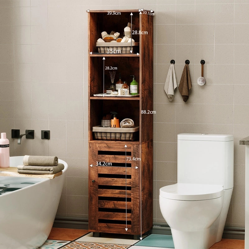 Mobiletto da bagno stretto, marrone scuro, stile rustico, altezza