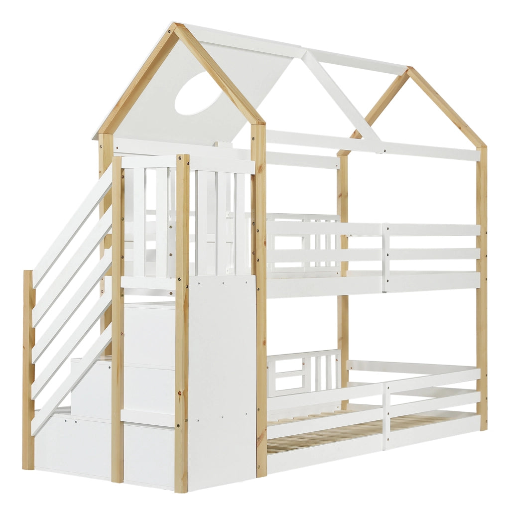 Lit superposé enfant 90x200 cm en pin avec toit; fenêtres; escalier de rangement et barrières de sécurité