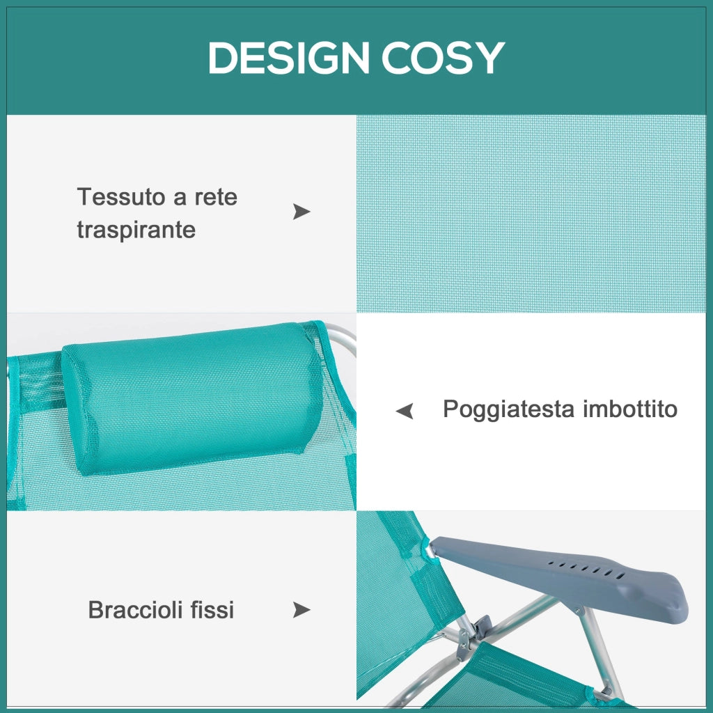 Set 2 Sedie da Campeggio Pieghevoli 62x65x80 cm Reclinabili su 6 Livelli Grigio a Azzurro