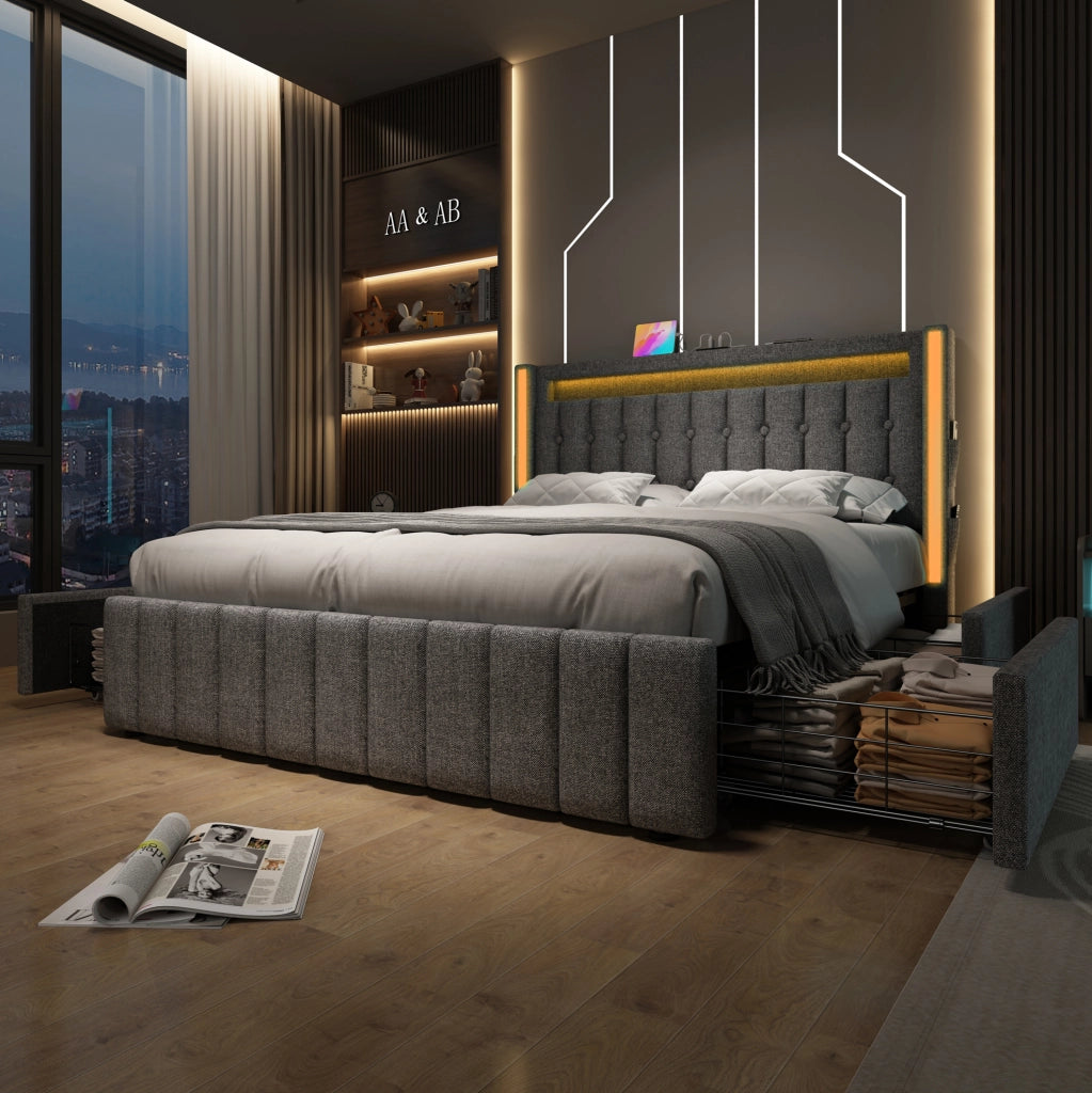 Letto matrimoniale 140x200 cm in lino grigio con USB; LED e 4 cassetti