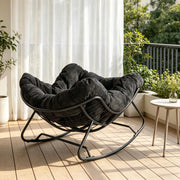 Poltrona a dondolo con seduta e cuscino avvolgente per soggiorno in chenille e metallo nero 91 × 102,5 × 77 cm
