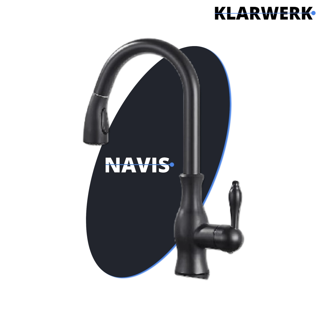 NAVIS | Elegante rubinetto cucina estraibile in acciaio inox nero, arco alto, miscelatore di lusso, alta pressione, 360°, 2 attacchi